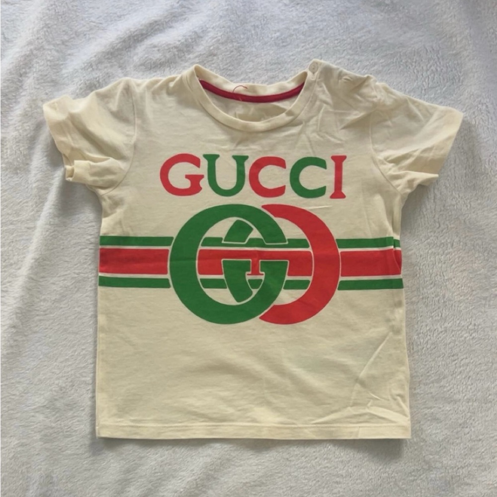 Gucci Kids Cream T-Shirt with Red and Green Logo